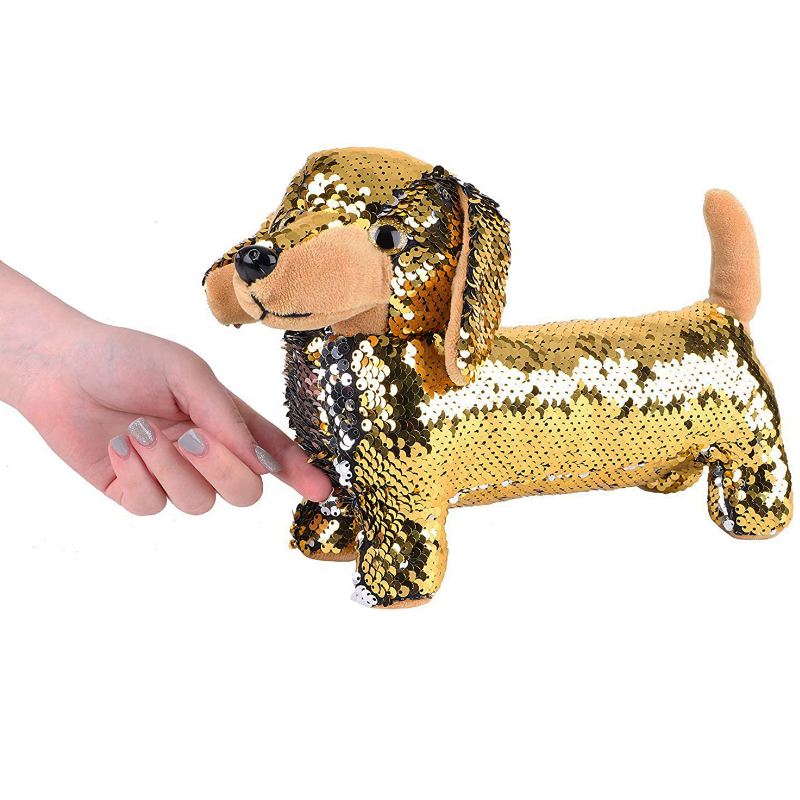 24cm Gold & Silver Reversible Sequin Sausage Dog Soft Toy Toyland