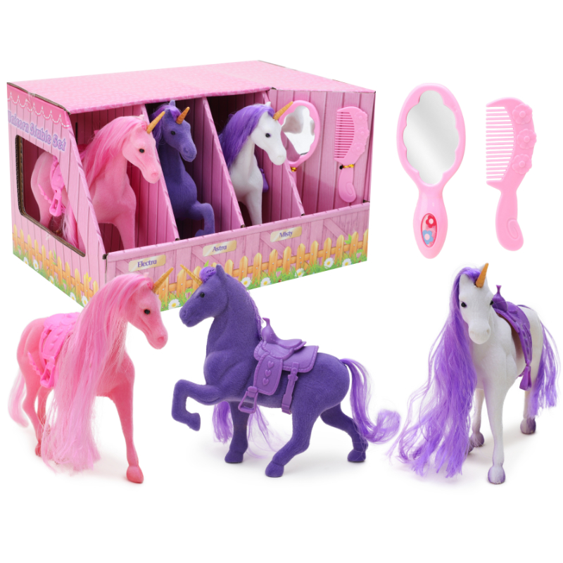 ToylandⓇ 3 Flocked Unicorns Stable Set With Accessories Fairy Tale Play Sets Electra, Astra