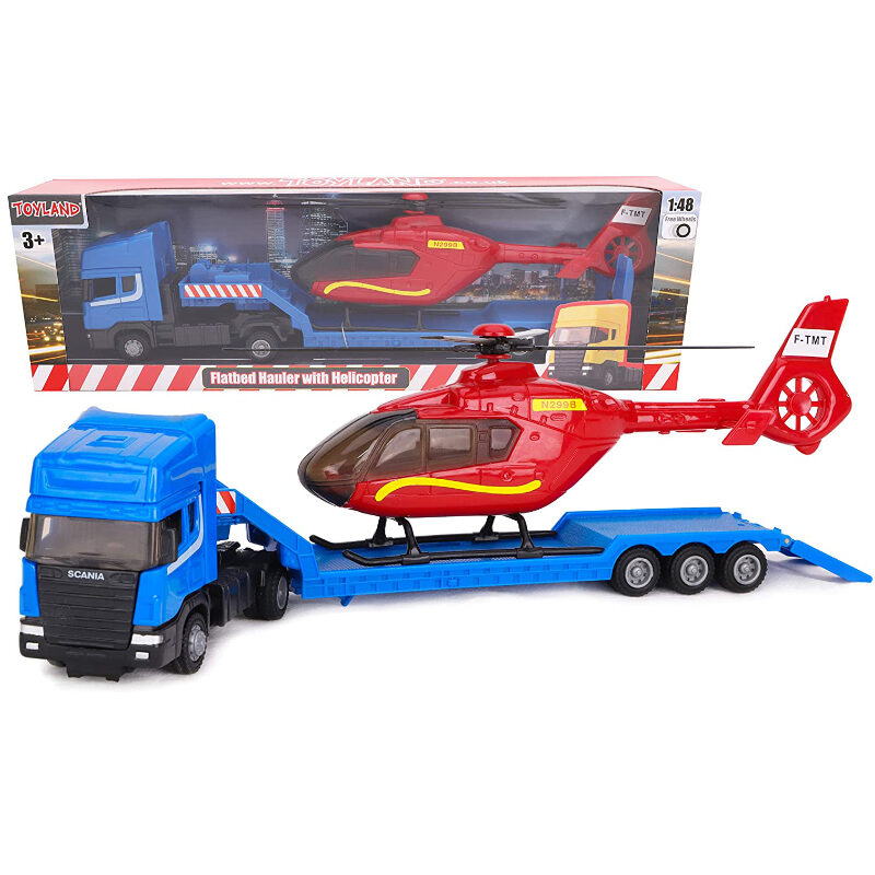 Toyland® Scania Flatbed Hauler With Helicopter 148 Scale Free