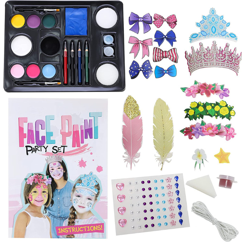 Girls Face Paint Party Set Includes Face Paints, Jewels, Card Crowns